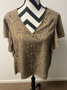 SHEIN Tan Leopard Print V-Neck Button Blouse